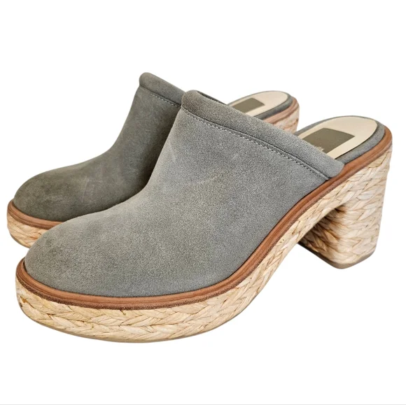 Dolce Vita Sage Suede Camdin Raffia Platform Clog Mule Heels - Picture 1 of 9